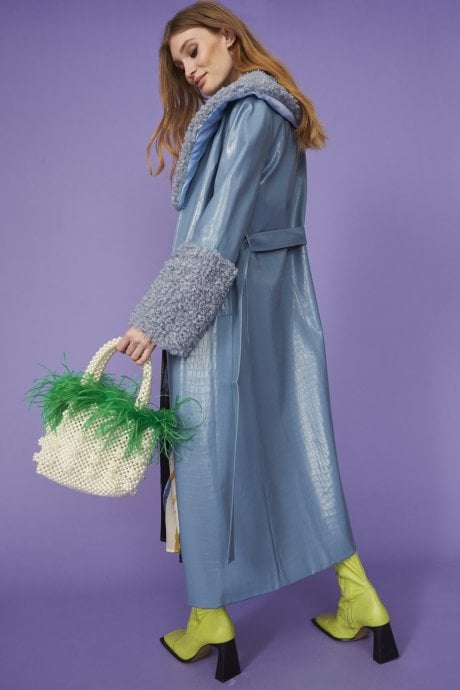 JAYLEY Blue Faux Suede Coat With Detachable Faux Shearling Cuffs & Collar