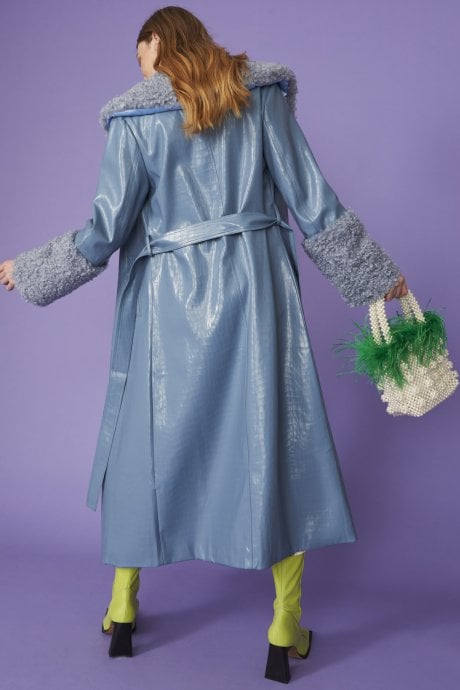 JAYLEY Blue Faux Suede Coat With Detachable Faux Shearling Cuffs & Collar