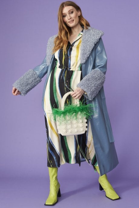 JAYLEY Blue Faux Suede Coat With Detachable Faux Shearling Cuffs & Collar