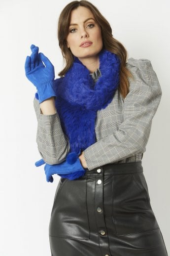 JAYLEY Blue Faux Suede Gloves With Faux Fur Pom