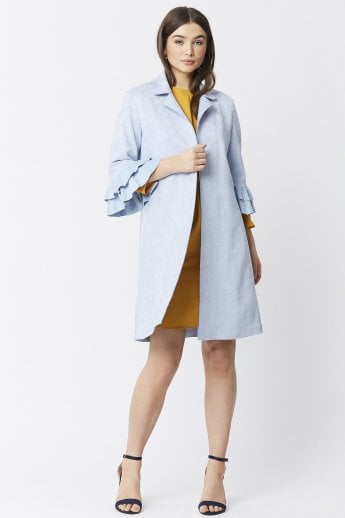 JAYLEY Blue Faux Suede Midi Jacket With Frill Sleeve