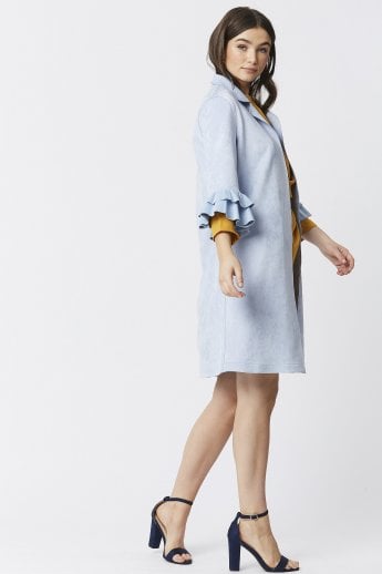 JAYLEY Blue Faux Suede Midi Jacket With Frill Sleeve
