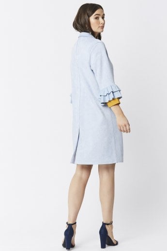 JAYLEY Blue Faux Suede Midi Jacket With Frill Sleeve
