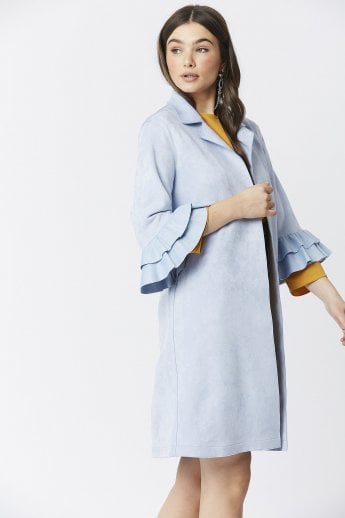 JAYLEY Blue Faux Suede Midi Jacket with Frill Sleeve