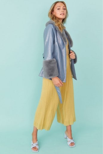 JAYLEY Blue Faux Suede With Detachable Faux Fur Collar And Cuffs
