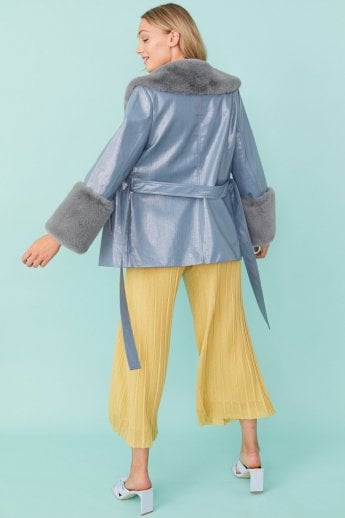 JAYLEY Blue Faux Suede With Detachable Faux Fur Collar And Cuffs