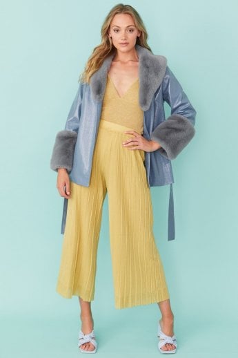 JAYLEY Blue Faux Suede With Detachable Faux Fur Collar and Cuffs