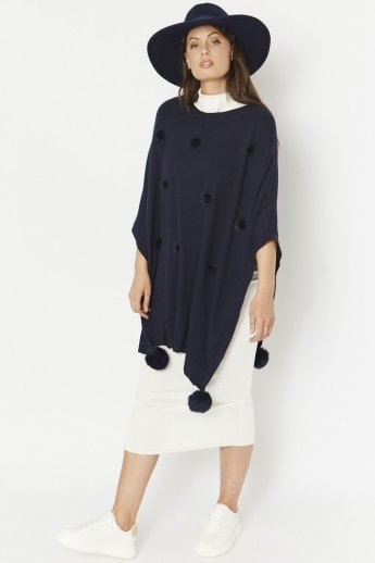 JAYLEY Blue Fine Knit Cashmere Blend Pom Pom Poncho