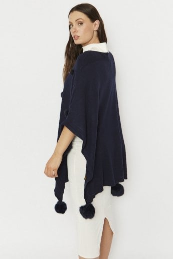 JAYLEY Blue Fine Knit Cashmere Blend Pom Pom Poncho