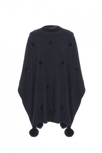 JAYLEY Blue Fine Knit Cashmere Blend Pom Pom Poncho
