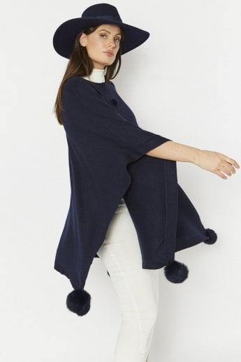 JAYLEY Blue Fine Knit Cashmere Blend Pom Pom Poncho