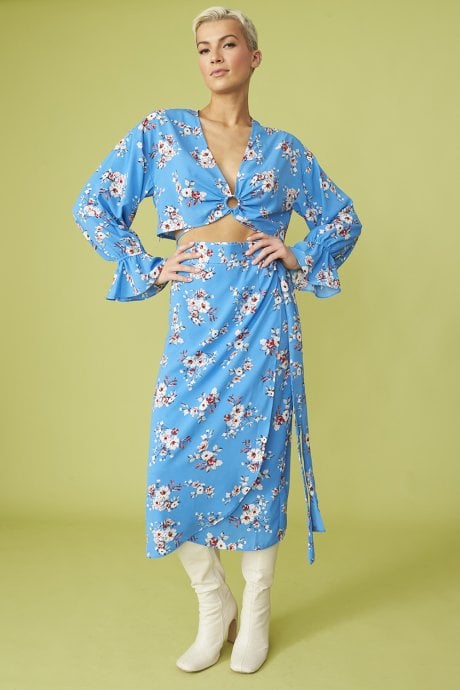 JAYLEY Blue Floral Print Cropped Top Co-ord