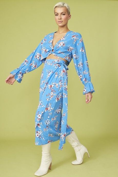 JAYLEY Blue Floral Print Wrap Skirt Co-ord