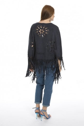 JAYLEY Blue Fringed Faux Suede Cape