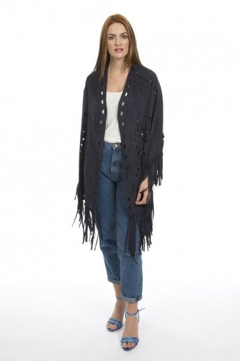 JAYLEY Blue Fringed Faux Suede Cape
