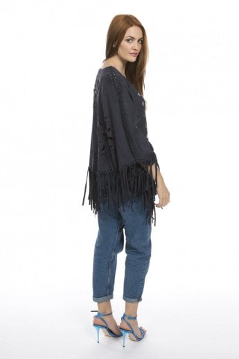 JAYLEY Blue Fringed Faux Suede Cape