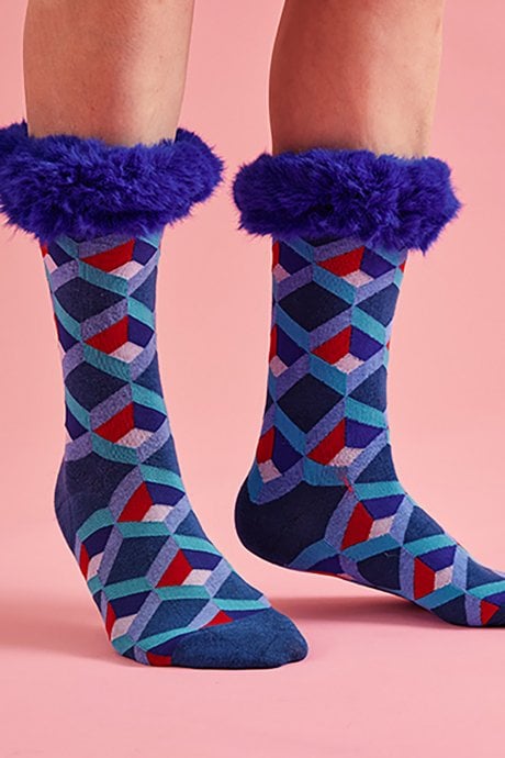 JAYLEY Blue Geometric Print Socks with Faux Fur Cuffs
