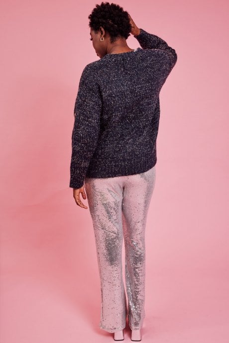 JAYLEY Blue Glitter Christmas Jumper With Deer Embroidery