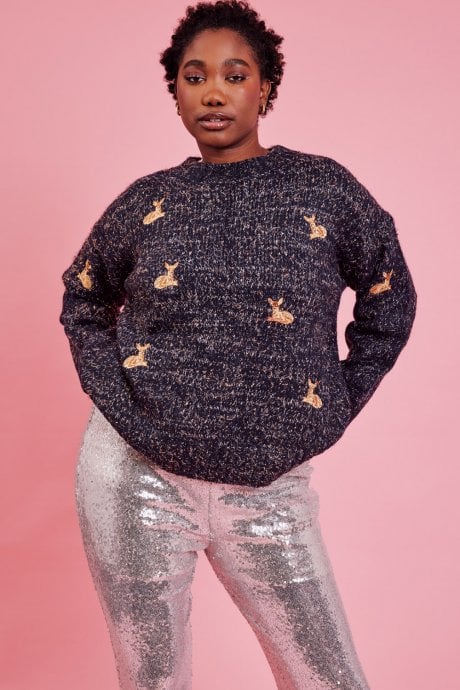 JAYLEY Blue Glitter Christmas Jumper With Deer Embroidery