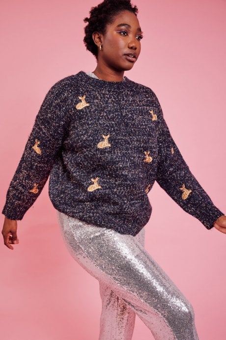 JAYLEY Blue Glitter Christmas Jumper With Deer Embroidery