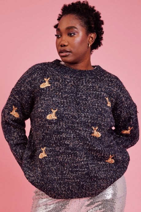 JAYLEY Blue Glitter Christmas Jumper with Deer Embroidery