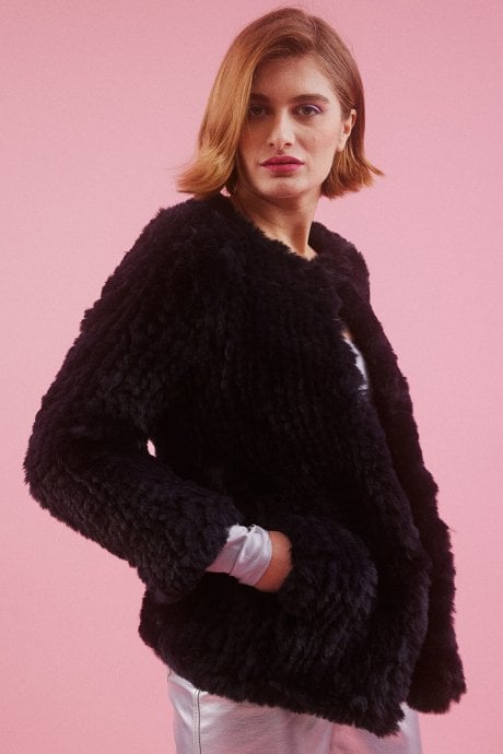 JAYLEY Blue Hand Knitted Faux Fur Coat