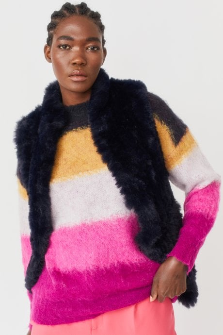 JAYLEY Blue Hand Knitted Faux Fur Gilet | Waistcoat