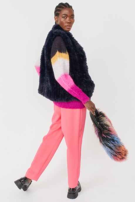 JAYLEY Blue Hand Knitted Faux Fur Gilet | Waistcoat