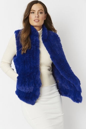 JAYLEY Blue Hand Knitted Faux Fur Gilet | Waistcoat