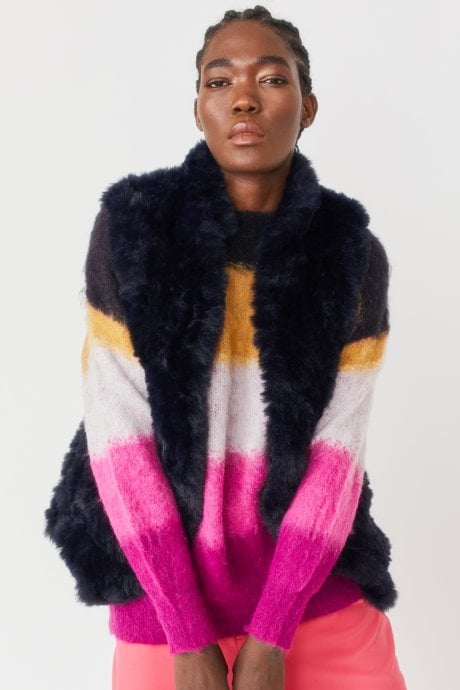 JAYLEY Blue Hand Knitted Faux Fur Gilet | Waistcoat