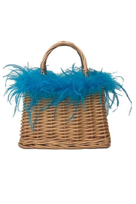 JAYLEY Blue Hand Made Salines Straw Bag with Ostrich Feather