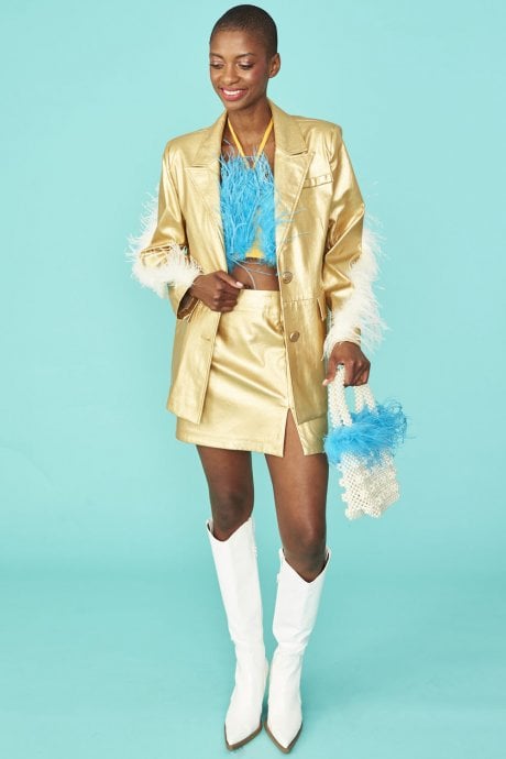 JAYLEY Blue Handmade Pearl Tote Bag With Feather Trim