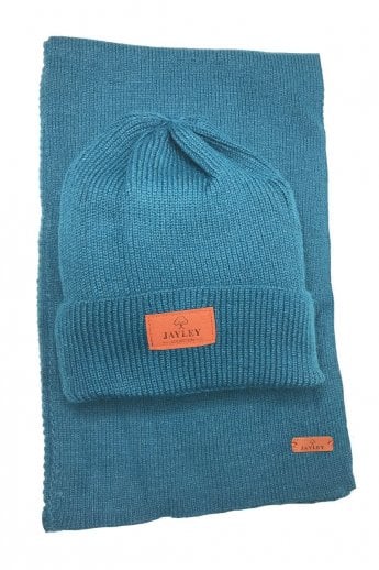 JAYLEY Blue Knitted Beanie Hat And Scarf Set