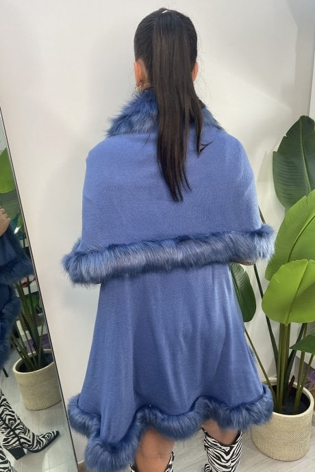 JAYLEY Blue Knitted Luxury Faux Fur Cape