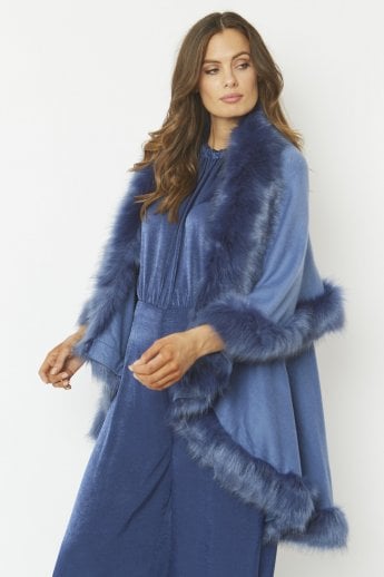 JAYLEY Blue Knitted Luxury Faux Fur Cape