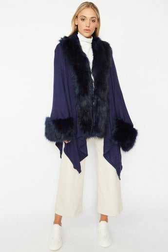 JAYLEY Blue Knitted Luxury Faux Fur Cape
