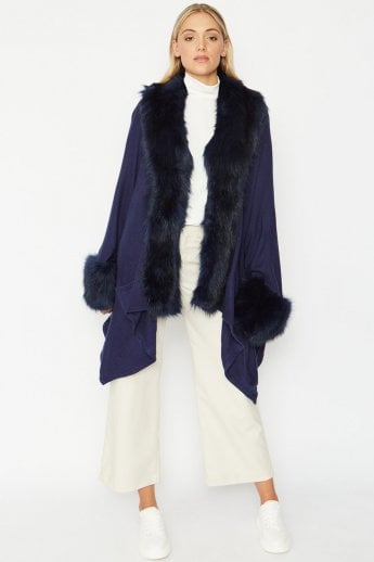 JAYLEY Blue Knitted Luxury Faux Fur Cape