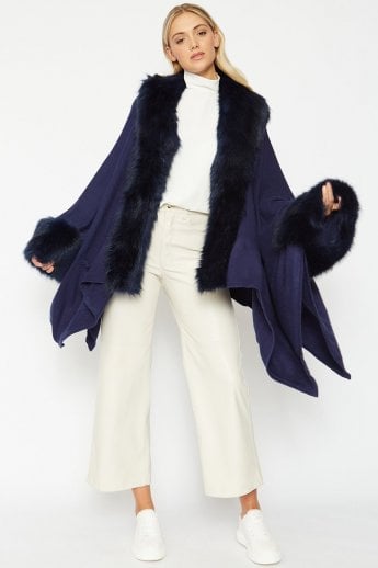 JAYLEY Blue Knitted Luxury Faux Fur Cape