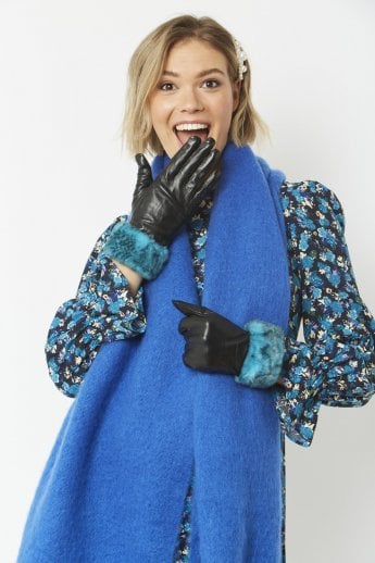 JAYLEY Blue Leather Gloves With Faux Fur Trim