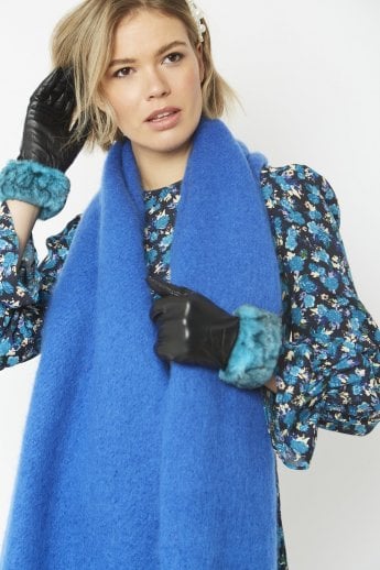 JAYLEY Blue Leather Gloves With Faux Fur Trim