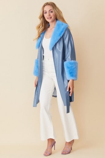 JAYLEY Blue Luxury Faux Leather Aubrey Coat With Detachable Faux Fur Cuffs & Collar