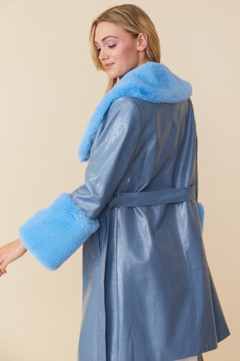 JAYLEY Blue Luxury Faux Leather Aubrey Coat With Detachable Faux Fur Cuffs & Collar