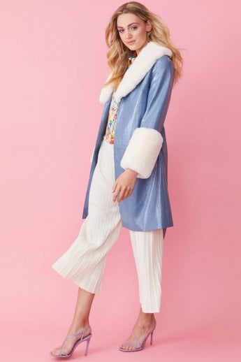 JAYLEY Blue Luxury Faux Leather Aubrey Coat With Detachable Faux Fur Cuffs & Collar