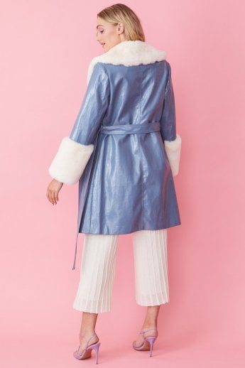 JAYLEY Blue Luxury Faux Leather Aubrey Coat With Detachable Faux Fur Cuffs & Collar