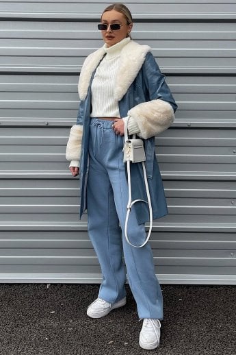 JAYLEY Blue Luxury Faux Leather Aubrey Coat With Detachable Faux Fur Cuffs & Collar
