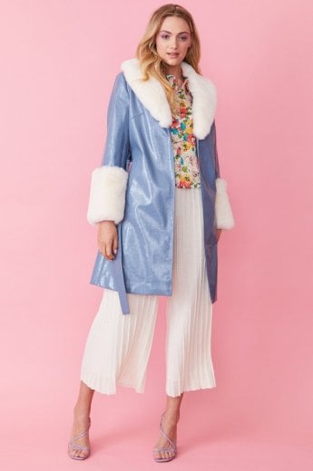 JAYLEY Blue Luxury Faux Leather Aubrey Coat With Detachable Faux Fur Cuffs & Collar