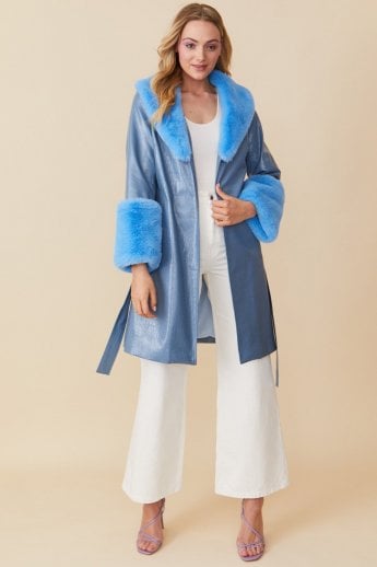 JAYLEY Blue Luxury Faux Leather Aubrey Coat With Detachable Faux Fur Cuffs & Collar