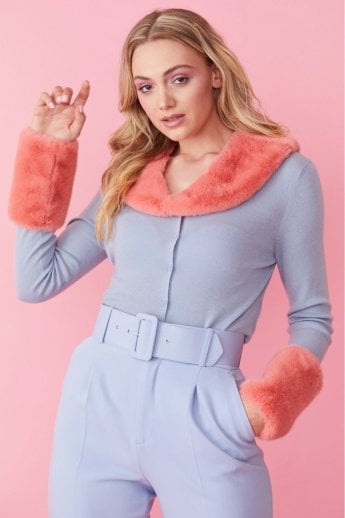 JAYLEY Blue Peggy Cashmere Cardigan With Faux Fur Cuffs And Collar