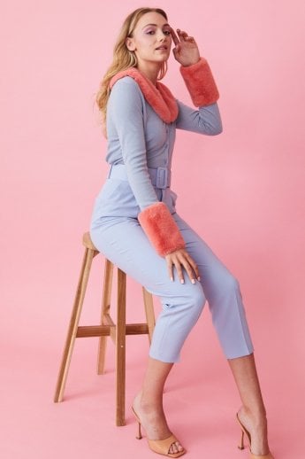 JAYLEY Blue Peggy Cashmere Cardigan with Faux Fur Cuffs and Collar