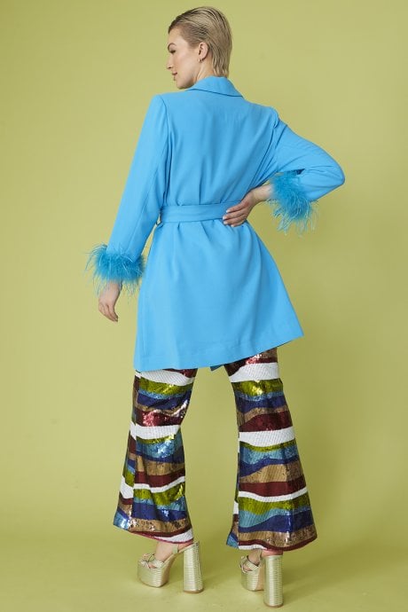 JAYLEY Blue Rayon Blend Feather Trim Midi Coat